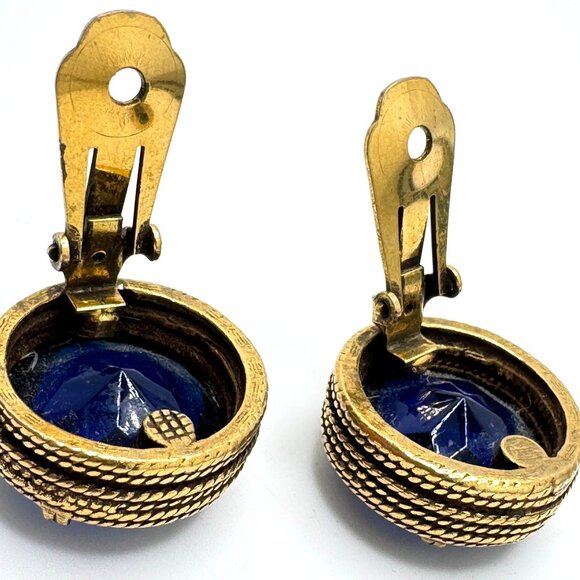 Cobalt Blue Earrings Vintage Crystal Textured Gold Tone Round Clip-On - Picture 7 of 13